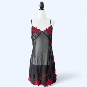 90s La Vie En Rose Women’s Floral Black Red Lace Goth Lingerie Nightgown XL